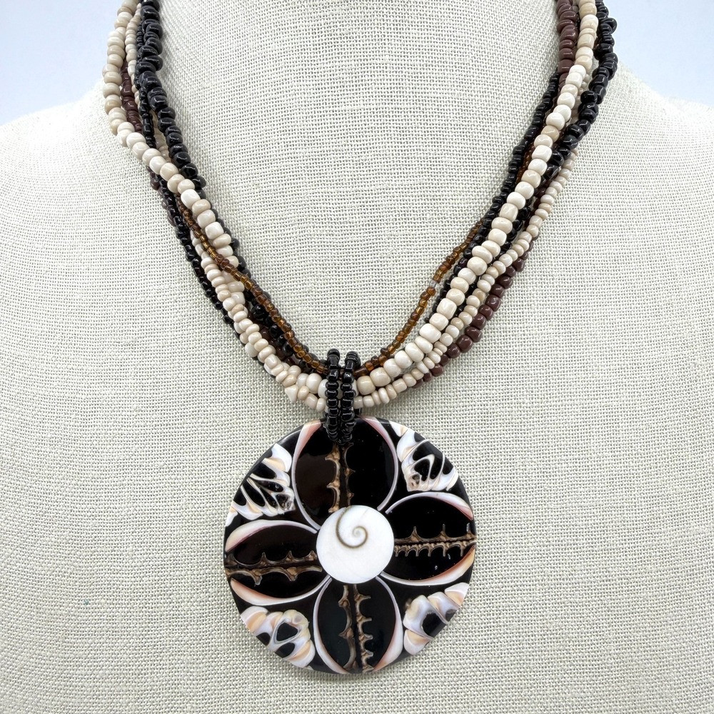 Statement Necklace Shell Pendant Multi Strand Beaded Earthy Boho Festival Gift